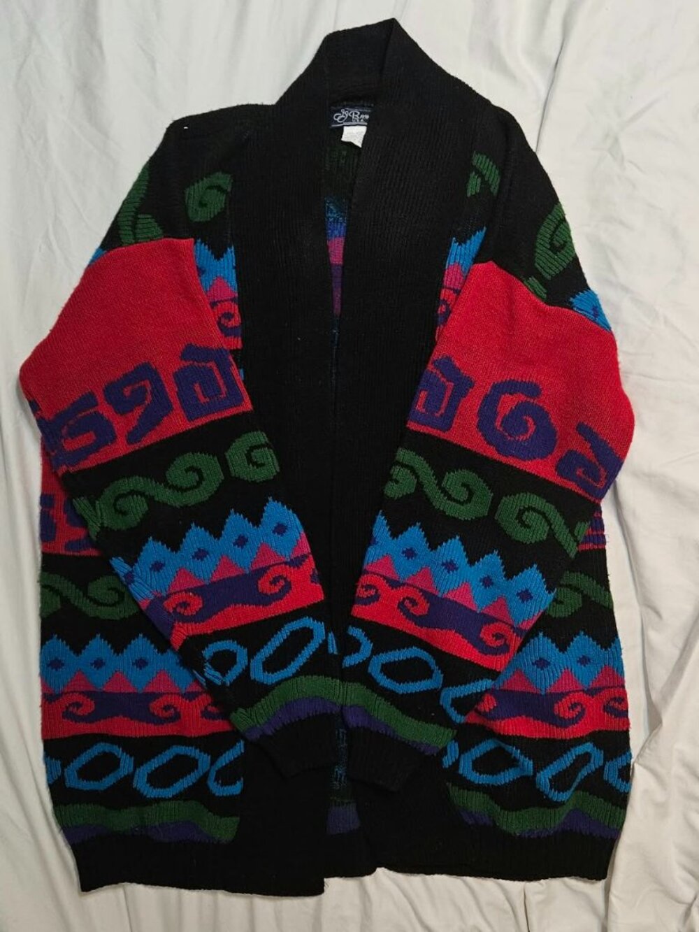 Vintage JJ Browne Geometric Open Front Shawl Knit Cardigan Sweater L USA